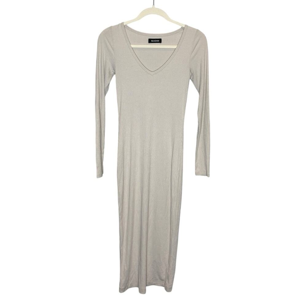 Naadam Ribbed V-Neck Long Sleeve Dress S Ivory
